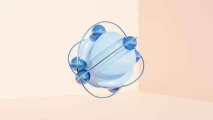Wall Mural - geometric design: circular cage with blue ball with grooves, rolling cyan balls on peach background
