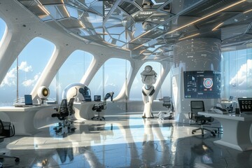 Poster - A futuristic office filled with desks and large windows, showcasing a blend of robots and humans working together, A futuristic office space where robots and humans collaborate