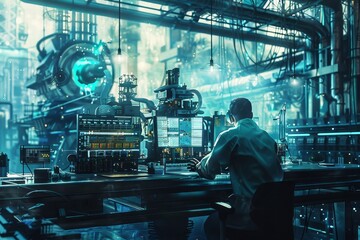 Poster - Man Sitting at Table in Front of Machine, A futuristic representation of an industrial engineer working on advanced technology in a factory