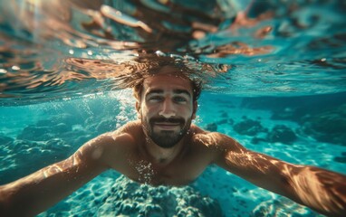 Wall Mural - A man is swimming underwater with his face showing. The water is clear and blue. The man is smiling and looking at the camera