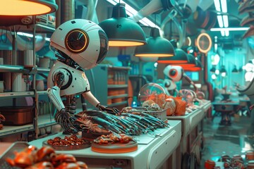 Poster - A robot is positioned in front of a display of various food items in a futuristic setting, A futuristic vision of a seafood market with robotic creatures selling fresh catches