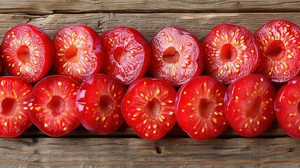  Red tomatoes chopped, wooden table, knife nearby