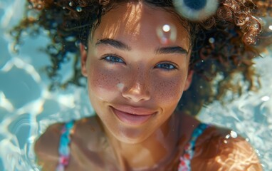 Wall Mural - A woman with brown hair and blue eyes is smiling in a pool. She is wearing a bikini top and a bikini bottom