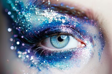 Poster - Macro shot of a human eye with shimmering glitter on the eyelid, showcasing a galaxy-inspired makeup look, A galaxy-inspired eye makeup look with swirling blues and purples