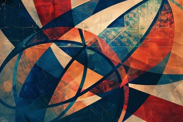 Aufkleber - A vibrant painting featuring a geometric design in red, white, and blue colors, A geometric design inspired by the patterns on a basketball