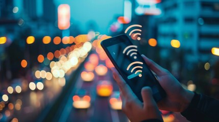 Aufkleber - A person using a mobile phone with signal bars displayed, highlighting the importance of strong network coverage for seamless communication.
