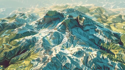 Wall Mural - from Above view low poly digital mountain range, connection and communication concept, hyper realistic 
