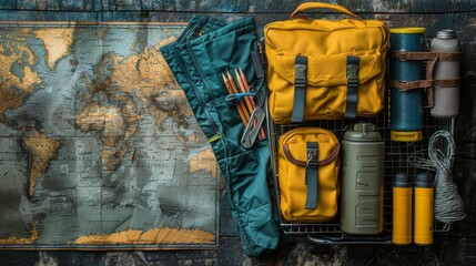 Poster - A shopping cart packed with colorful travel accessories and luggage, isolated on a world map background, symbolizing adventure and exploration.