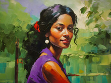 Portrait Of A Beautiful Young Lady. Oil Color Painting