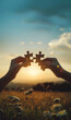 © IBEX.Media - Silhouette Woman hands connecting couple puzzle piece against sunrise effect. Business solutions, target, success, goals and strategy concepts