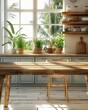 Kitchen wooden table top and kitchen blur background