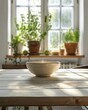 Kitchen wooden table top and kitchen blur background