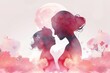 Double exposure illustration. Side view of Happy mom holding adorable child girl silhouette plus abstract water color painted