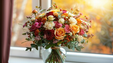 Sticker -   A vase with a bouquet of flowers sits on a sunlit window sill