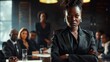 © Johannes - a black woman business leader dressed as an executive leading an important meeting as everyone looks on hyper realistic