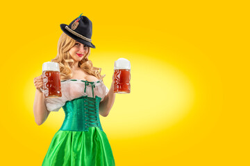 Wall Mural - Oktoberfest girl waitress. Woman in dirndl, tyrolean hat serving big beer mugs on isolated background. Traditional Bavarian, German, Austrian party, autumn festival.