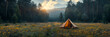 Forest Camp with Tourist Tent Amidst Meadow,
Perfect calm place in nauture for teepee place perfect colorful light banner
