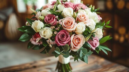 Poster -   Pink & white roses on table, wood-paneled wall, window in background