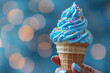 Hand Holding Blue Ice Cream Cone With Sprinkles,
Set of colorful frozen yogurt ice creams in waffle cones isolated on background 3D illustration
