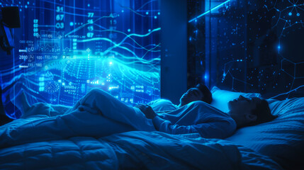 Poster - a woman and a man are sleeping in a bed with a blue background. the room is illuminated with blue li