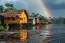 Colorful Stilt Houses In Amazon Village Under A Rainy Sky With Rainbow