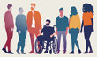 a person in a wheelchair, with a small group of adults in a multi-colored graphic silhouette side view JPG, in a handicapped-themed, isolated, and transparent graphic illustration. Generative ai
