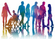 a person in a wheelchair, with a small group of adults in a multi-colored graphic silhouette side view JPG, in a handicapped-themed, isolated, and transparent graphic illustration. Generative ai