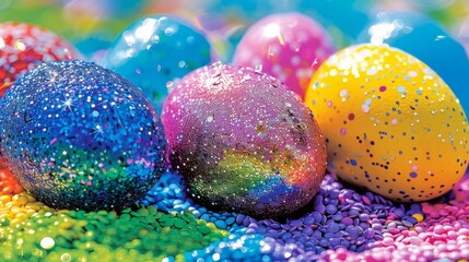 Poster - Create a scene of families hosting an Easter egg decorating party, with tables covered in paint, glitter, stickers, and dye.