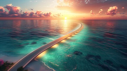 Poster - Render a scene of a futuristic oceanic bridge stretching across the horizon, its graceful curves and sweeping lines blending seamlessly