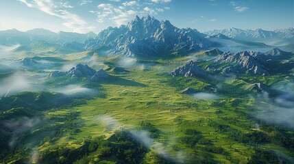 Poster - Spectacular mountains and open grasslands, rich natural terrain landscapes, aerial view of the overall feeling of a fantasy world. Generative AI.