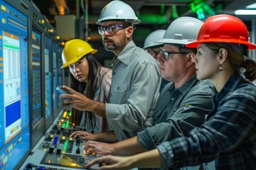 Poster - Engineers in hard hats gather around a computer screen, troubleshooting technical issues collaboratively, A group of engineer operators troubleshoot issues with a SCADA system