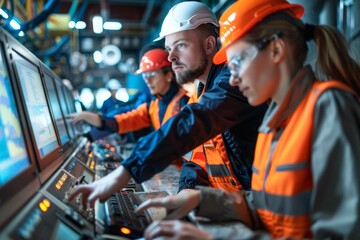 Poster - engineers in orange vests are troubleshooting issues on a machine, a group of engineer operators tro