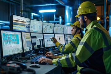 Poster - two men in hardhats are troubleshooting issues on a computer, a group of engineer operators troubles