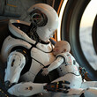 Photo of robot woman holding baby in her arms, futuristic setting, emotional and tender moment between the two characters