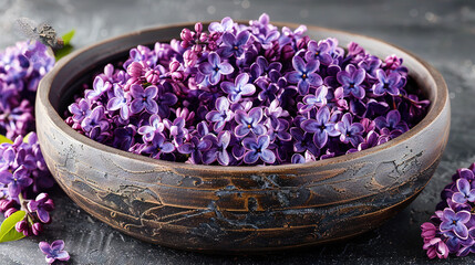 Poster -   A bowl of purple flowers sits atop a gray table, accompanied by a green plant