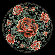 There Is A Black Background With A Red And Green Flower Design