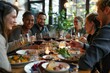© Iftikhar alam - Group of diverse friends sitting around a dinner table, enjoying a meal and conversation at a restaurant, A group of friends enjoying a meal together at a restaurant