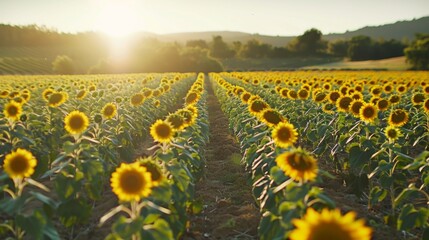 Poster - A sunflower field stretching to the horizon, with rows of tall blooms bathed in sunlight, creating a stunning landscape of yellow hues.