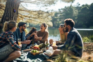 Canvas Print - A group of people sitting around a lake, laughing, and enjoying a picnic together on a sunny day, A group of friends laughing and enjoying a picnic by a tranquil lake