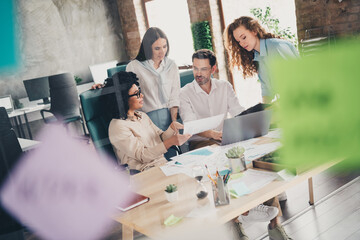 Canvas Print - Photo of group business company workers communicate behind window glass modern loft interior office indoors