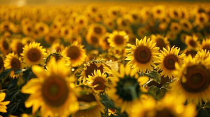Poster - A sunflower field stretching to the horizon, with rows of tall blooms bathed in sunlight, creating a stunning landscape of yellow hues.