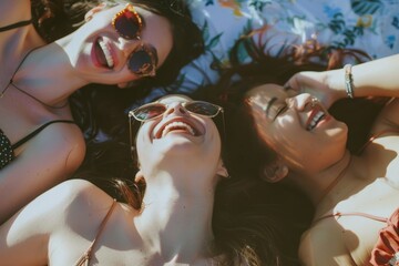 Wall Mural - Friends laughing and socializing while laying stacked on top of each other, A group of friends laughing and socializing while laying out in the sun