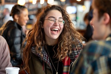 Sticker - A woman laughs joyfully while seated at a table with friends in a lively cafe setting, A group of friends laughing together in the cafeteria