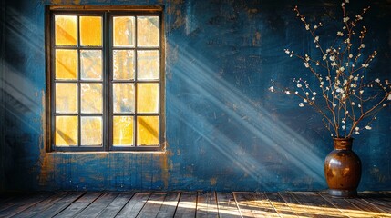 Poster -   A vase with a flower sits on a wooden floor, facing a blue wall with a window