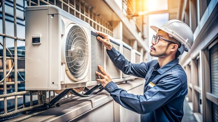 HVAC Maintenance: Asian Technician Inspecting Air Conditioning Unit