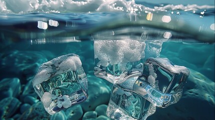Poster - Ice cubes, Underwater. Generative AI.