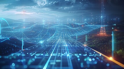 Aufkleber - Advanced AI monitoring renewable energy grids, visualized in a sleek, high-tech style, the fusion of innovation and sustainability, blue sci-fi tone. Generative AI.