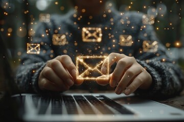 Poster - Person managing their digital communication by typing on a laptop with a luminous email concept icon