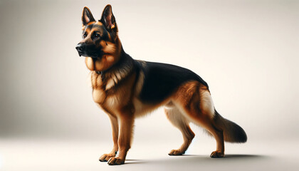 Wall Mural - A German Shepherd standing against a plain white background. The dog is in a side stance, showcasing its strong physique