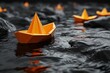© Larisa AI - A vibrant orange paper boat stands out as it sails across the dark, rippling surface of a body of water, evoking a sense of adventure and solitude